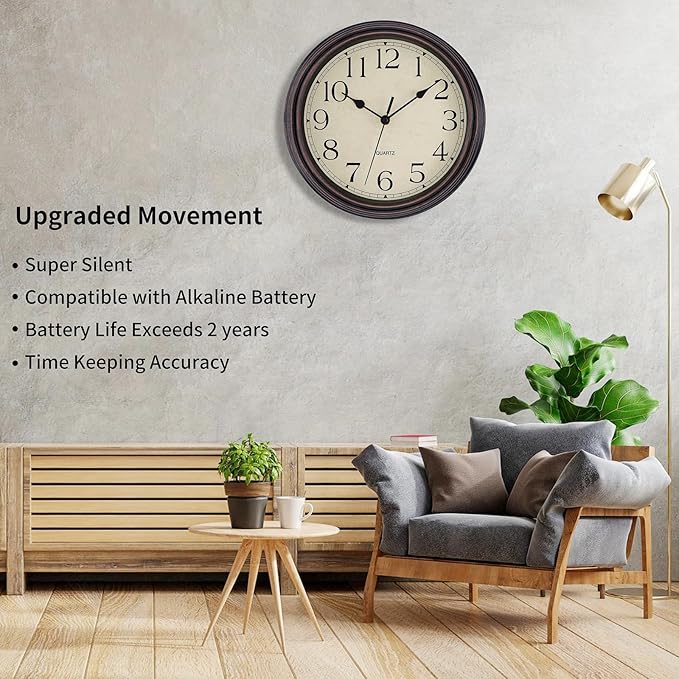 Foxtop Retro Silent Non-Ticking Round Classic Clock Quartz Decorative Battery Operated Wall Clock for Living Room Kitchen Home Office 12 Inch (Bronze)