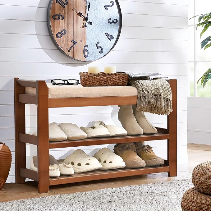 Shoe Rack Bench with Storage 27.6 in, Entryway Bench Shoe Storage with Cushion for Hallway, Bedroom, Living Room