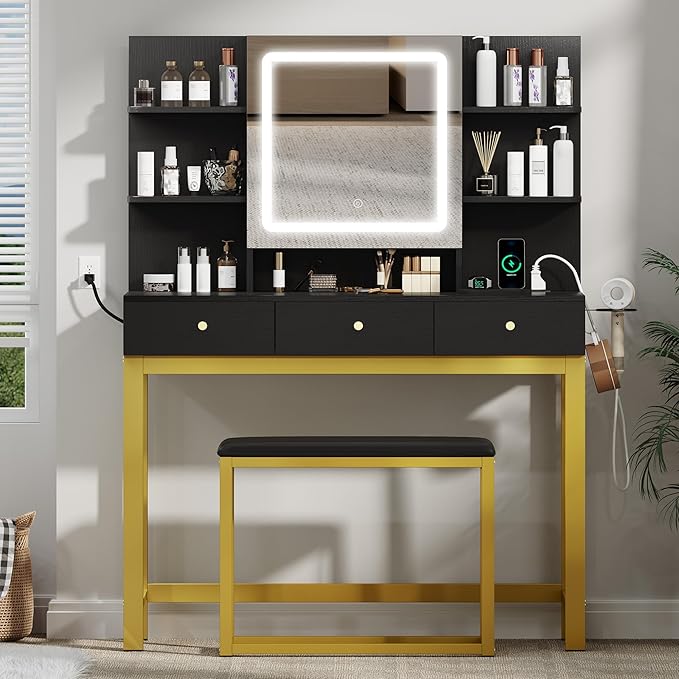 DWVO Vanity Desk with LED Lights Mirror & Power Outlet, Adjustable 3 Lights Modes, Makeup Table with Stool and Hidden Storage Shelves, 3 Drawers, Dressing Table Set with Chair, Upgraded, Black