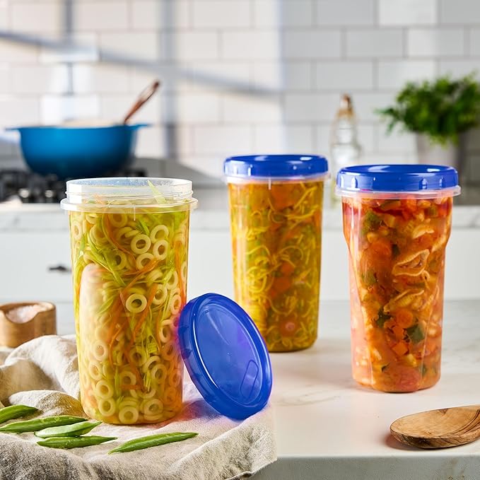 PLASTICPRO 6 Pack Twist Cap Food Storage Containers with Blue Screw on Lid- 48 oz Reusable Meal Prep Containers - Large Freezer Containers Microwave Safe Blue Plastic Food Storage