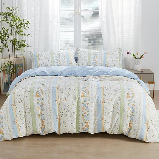 SAPHREAS Duvet Cover Set King Size 3pcs Cute Little Bear Blue Green Floral Bedding Comforter Cover Set 100% Cotton 1 Duvet Cover 104"x90" 2 Pillow Shams, Comforter Not Included