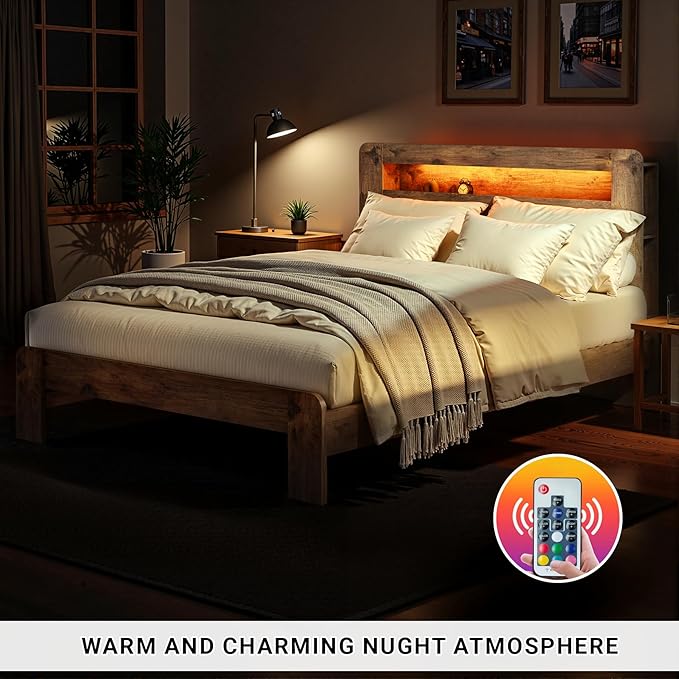 King Bed Frame with Headboard, Wooden Platform Bed Frame King Size with Bookcase Shelf, LED Lights, Charging Station, Heavy Duty Supports, No Box Spring Needed,Dark Brown