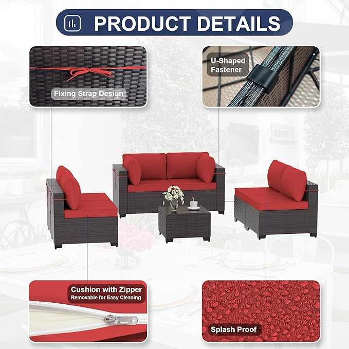 Kurapika 7 Pieces Patio Furniture Set, Rattan Wicker Outdoor Conversation Sets w/4 Inch Cushion and Glass Coffee Table(Red)