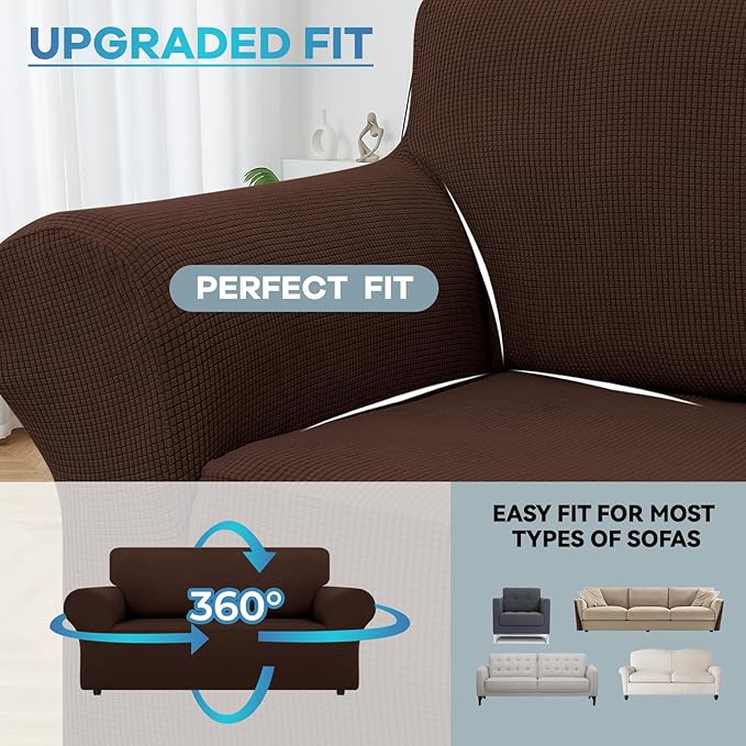 LURKA Stretch Loveseat Sofa Slipcovers 1 Piece Couch Covers for Sofa Furniture Protector Full Sofa Covers with Elastic Bottom for Kids and Dog (Medium, Chocolate)