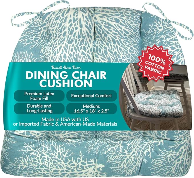 Barnett Home Decor Ariel Fan Coral Dining Chair Pad with Ties - Latex Foam Fill - 100% Cotton, Made in USA - Machine Washable, Reversible (Aqua)