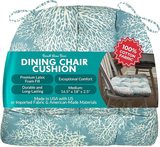 Barnett Home Decor Ariel Fan Coral Dining Chair Pad with Ties - Latex Foam Fill - 100% Cotton, Made in USA - Machine Washable, Reversible (Aqua)