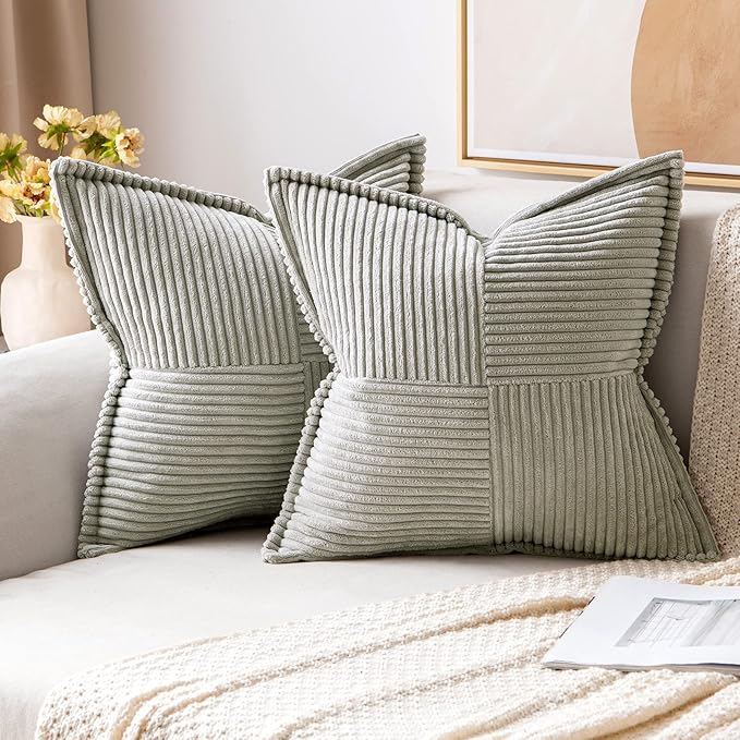 MIULEE Decorative Throw Pillow Covers for Couch Bed Livingroom 20x20 Inch Set of 2 Light Grey Boho Accent Throw Pllows Broadside Striped Patchwork Soft Corduroy Pillowcases