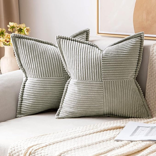 MIULEE Light Grey Corduroy Decorative Euro Sham Pillow Covers 24x24 Inch with Splicing Set of 2 Soft Boho Pillow Covers Broadside Textured Pillowcases for Couch Bed Livingroom