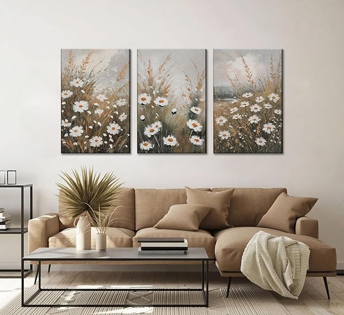 3 Pcs Vintage Wildflowers Field Canvas Wall art Farmhouse Rustic Wildflower Nature Landscape Painting Pictures Wall Decor Posters Print Artwork for Living Room Bathroom Home Decoration