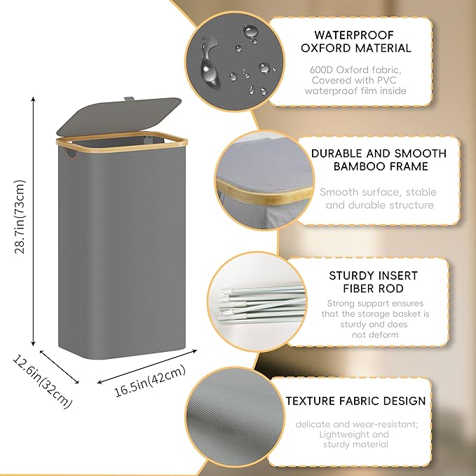 100L Laundry Hamper with Lid,Collapsible Laundry Basket, Dirty Clothes Basket, Storage Case with Bamboo Support - Handles - Removable Inner Bag - 2x Washing Mesh Bags for Bedroom Dorm Bathroom (Gray)