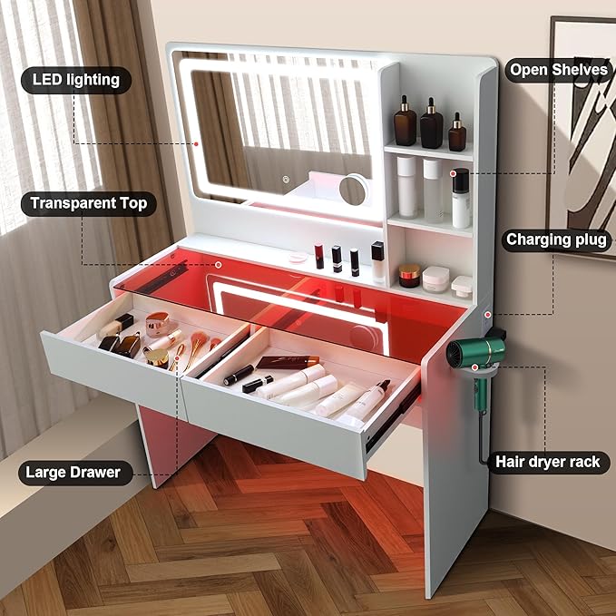 Vanity Desk,Transparent Desktop,Multiple Color Ambient Lights,with Mirror and Tri Color Light Strip,Dressing Table with Charging Station,Equipped with 2 Drawers,White