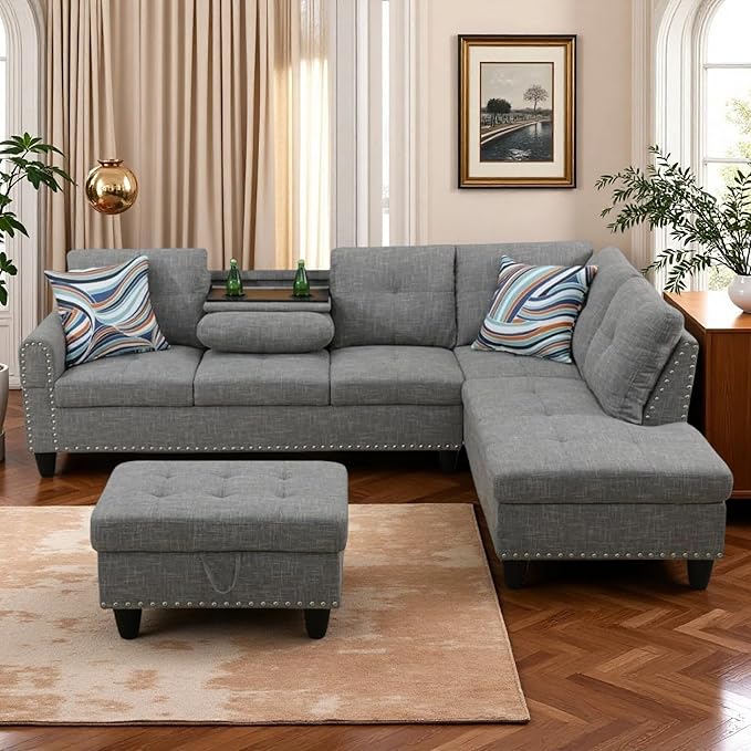 L Shaped Couches for Living Room, Sectional Couch Living Room Furniture with Storage Ottoman, Modular Sectional Sofa with Movable Chaise for Apartment Office, Brown Grey