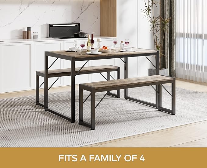 Gizoon 45.5" Dining Table Set for 4 with 2 Benches, Kitchen Table Set with Metal Frame & MDF Board, Space-Saving Dinette for Kitchen, Dining Room -Grey