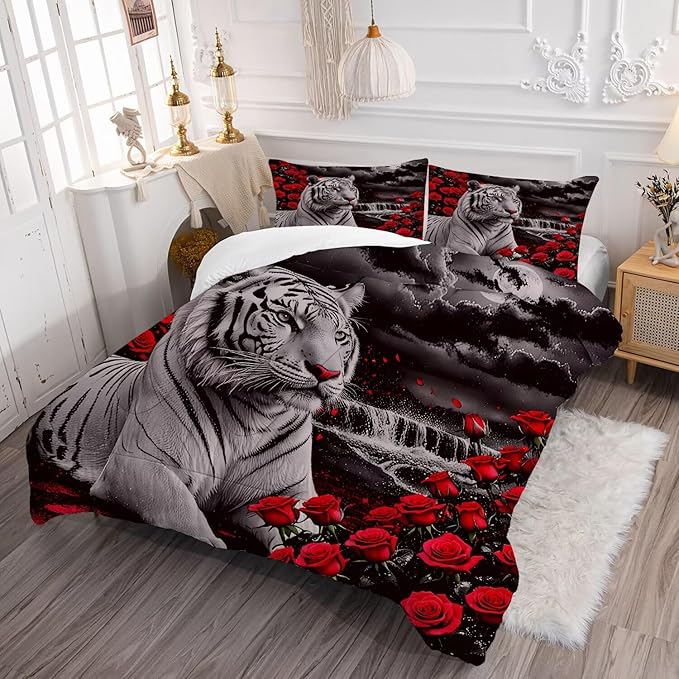 Kids Tiger Comforter Set Queen Size, White Tiger Wild Animal 3 Pcs Bedding for Kids and Adults Beautiful 3D Red Rose Flower and Tiger Print Soft Comforter Set for Bedroom Bed Decor