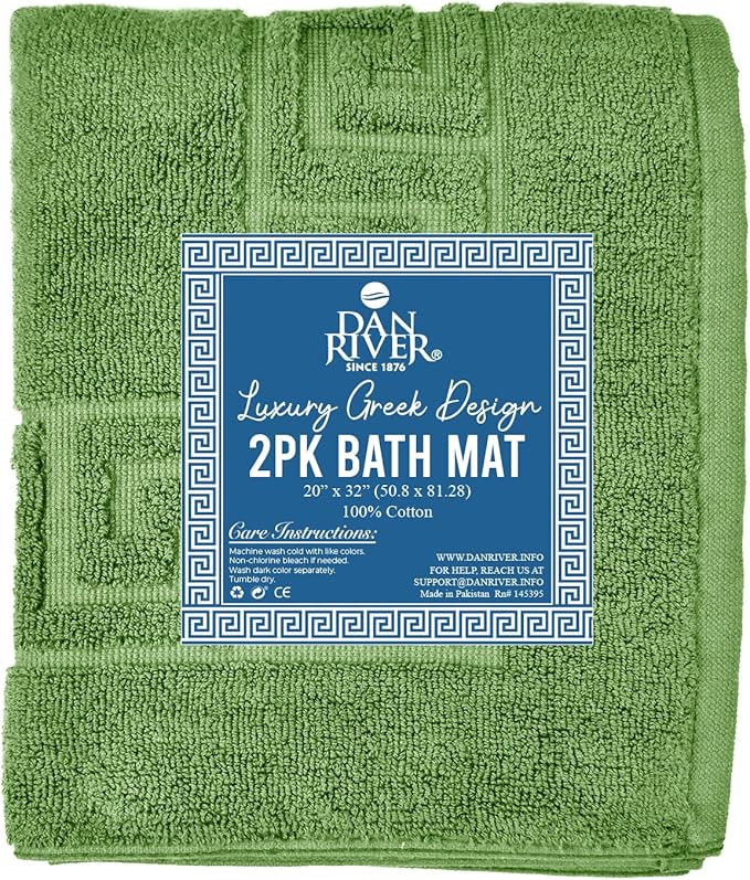 DAN RIVER Greek Bath Mat - Green, 100% Ring Spun Cotton, Pack of 2, 20x32 inches, 800 GSM, Non-Slip, Absorbent, Quick Drying, Machine Washable Bathroom Floor Mats for Shower, Kitchen & Bath