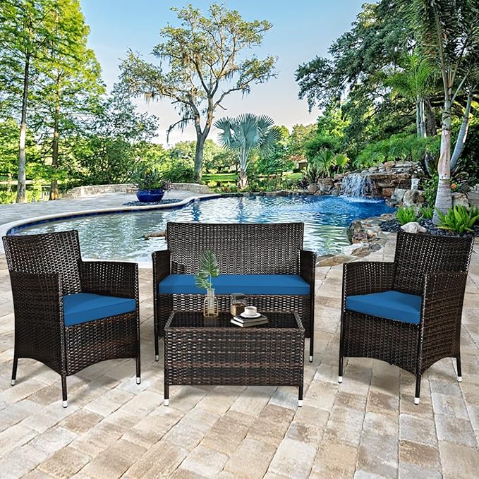 Goplus 4-Piece Rattan Patio Set, Outdoor/Indoor Wicker Conversation Set for Pool, Backyard, Lawn, Wicker Chairs and Sofa with Soft Cushion, Rattan Furniture with Tempered Glass Coffee Table