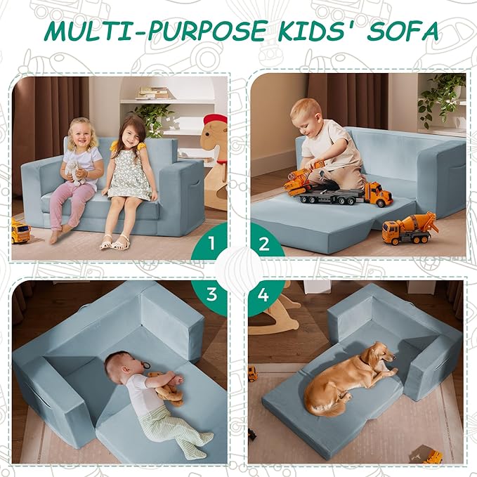 Kids Couch, 2-in-1 Toddler Chair Comfy 1-3 Years, Convertible Kids Chair, Toddler Couch That Fold Out, Kid Lounge Chairs for Boys and Girls, Soft Coral Fleece, Double, Blue