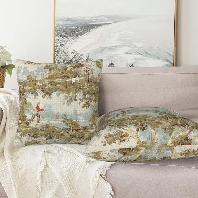 Farmhouse Rustic Vintage Throw Pillow Covers 18x18 Inch Set of 2 Country Home Decor Retro Pillow Case Fishing and Hunting Pattern Cushion Cover of Indoor Outdoor Sofa Bed Living Room