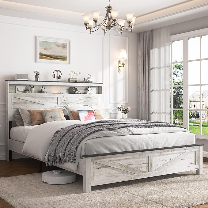 Farmhouse Wooden Bed Frame Queen Size with Storage Headboard, Boho Platform Bedframe with LED Lights and Charging Station, Metal Slats Support, No Box Spring Needed, White