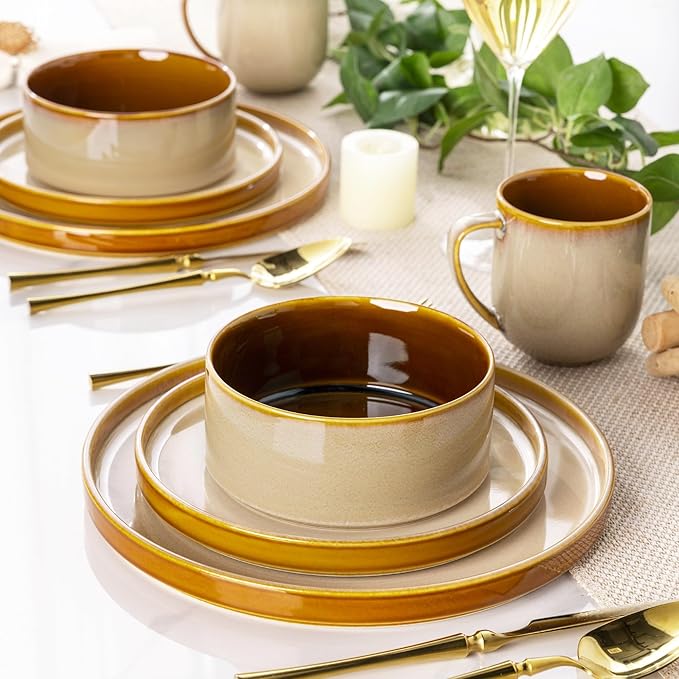 LERATIO Ceramic Dinnerware Sets for 4,Round Reactive Glaze Ceramic Plates and Bowls Set,Highly Chip and Crack Resistant | Dishwasher & Microwave Safe Dishes Set,Service for 4 (12pc)-Kahki