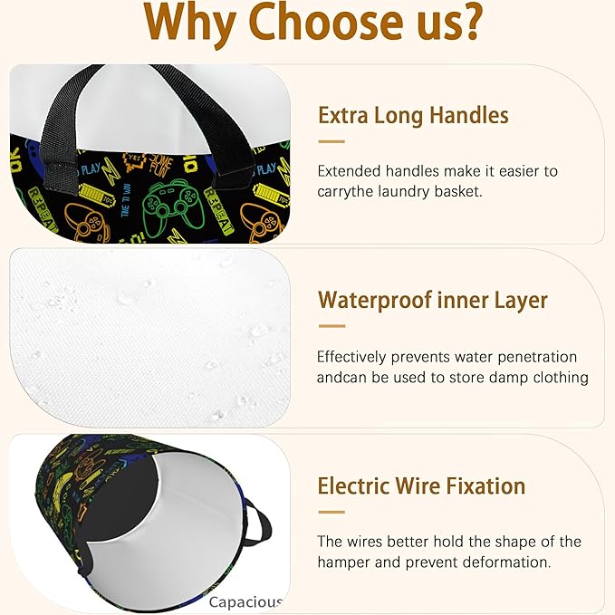 Game Controller Video Game Laundry Basket,Waterproof Laundry Hamper,Collapsible Organizer Basket for Storage Bin Toy Bins,Dirty Clothes Laundry Basket for Living Room/Bathroom/Bedroom