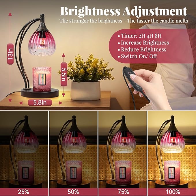 Candle Warmer Lamp with Timer -Dimmer Candle Warmer Light for Jar Candles -Electric Wax Melt Warmer Lamp, Birthday Gifts for Women Mom House Warming Gifts New Home Decor Ruby Red Gradient 2 Bulb
