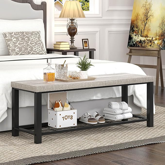 FOLUBAN Entryway Bench, Rustic Wood and Metal Shoe Storage Bench for Hallway Front Door Entrance, Industrial Indoor Bench for Bedroom Living Room, 43.3 Inch Light Grey