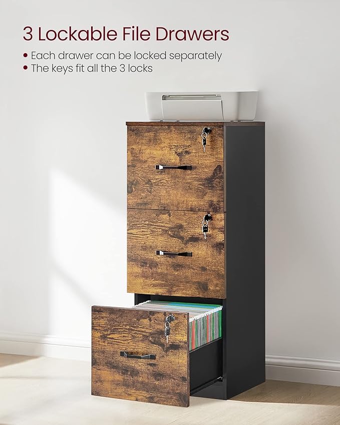 VASAGLE 3-Drawer Vertical File Cabinet, Rustic Brown and Black, for Home Office and Bedroom, A4 and Letter-Size Files, Lockable Drawers, Adjustable Hanging Rail, Printer Stand