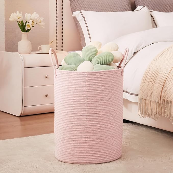 15Dx20H inches Large Pink Hamper Laundry Basket for Baby Kids Woven Rope Nursery Hamper for Girls Room Bedroom Kawaii Laundry Bin 60L Capacity