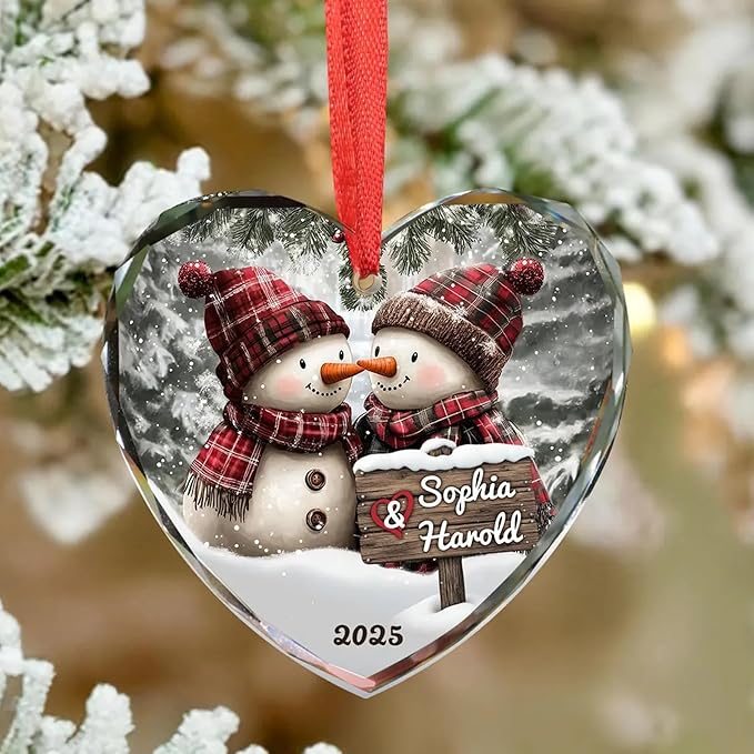 NAZENTI Personalized Snowman Couple Ornament 2025, Custom Glass Christmas Ornaments with Names, Snowman Lovers Holiday Decoration, Romantic Gift for Couples Newlyweds Keepsake 03