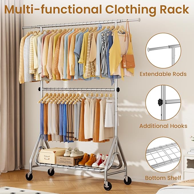 Heavy Duty Clothes Rack for Hanging Clothes, Double Rods Clothing Rack with Lockable Wheels, Rolling Metal Garment Racks Heavy Duty, Portable Wardrobe Closet Racks, Silver
