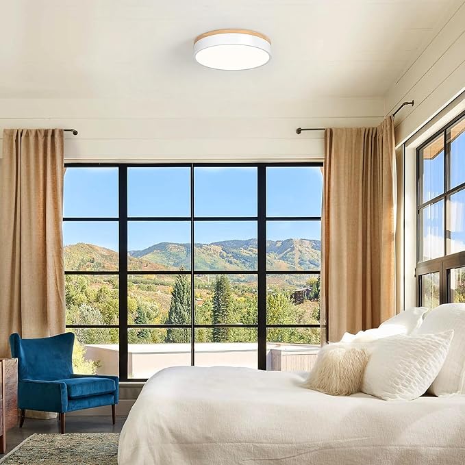 Modern Dimmable LED Close to Ceiling Light Minimalist Wood Oak Flush Mount Ceiling Light Fixture with Lampshade for Bedroom Living Room Bathroom Laundry Room (White-Dimmable, 11.8''/30cm)