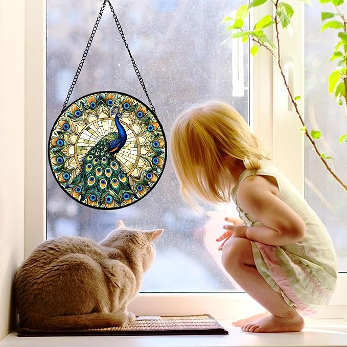 Stained Glass Window Hanging - Retro Peacock Decoration Suncatcher for Door Garden Home Bird Feather Sun Catchers Christmas Mother's Day Birthday Gifts for Women Men Mom Nana Friend 7.8 in