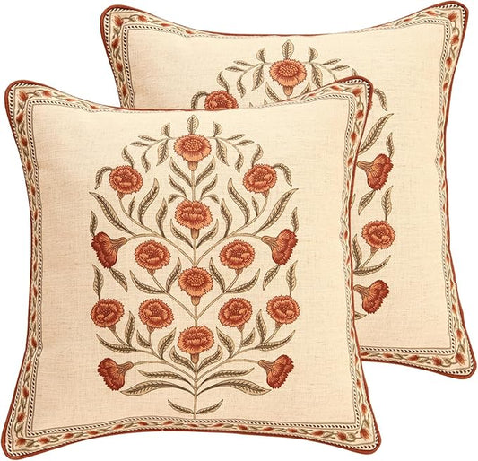 Design Linen Square Vintage Throw Pillow Covers 18"x18" Pack of 2, Brick Red Cushion Covers with Orange Floral Green Leaves Pattern Decoration Pillowcases for Bed,Living Room,Outdoor,Car