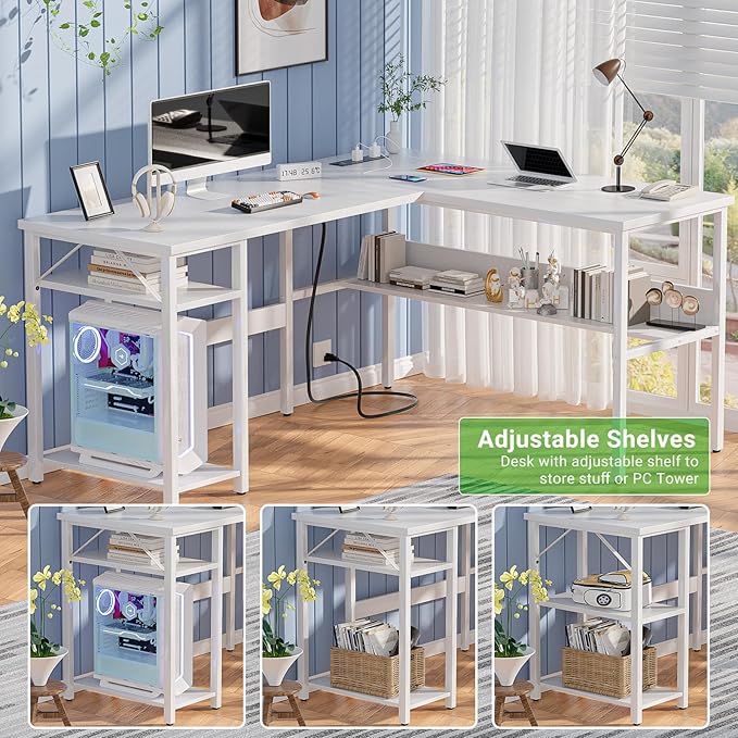 Unikito Reversible L Shaped Computer Desk with Magic Power Outlets and USB Charging Ports, Sturdy Corner Desk with Storage Shelves, Durable Work Desk for Home Office, Easy to Assemble, White