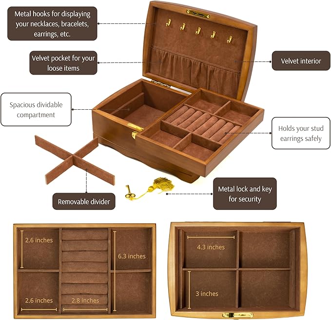 Wooden Jewelry Box with Lock & Key for Women, Medium Size Real Natural Wood Lockable Antique Organizer with Large Storage, Big Ring Compartments, Built in Necklace Hooks, Brown