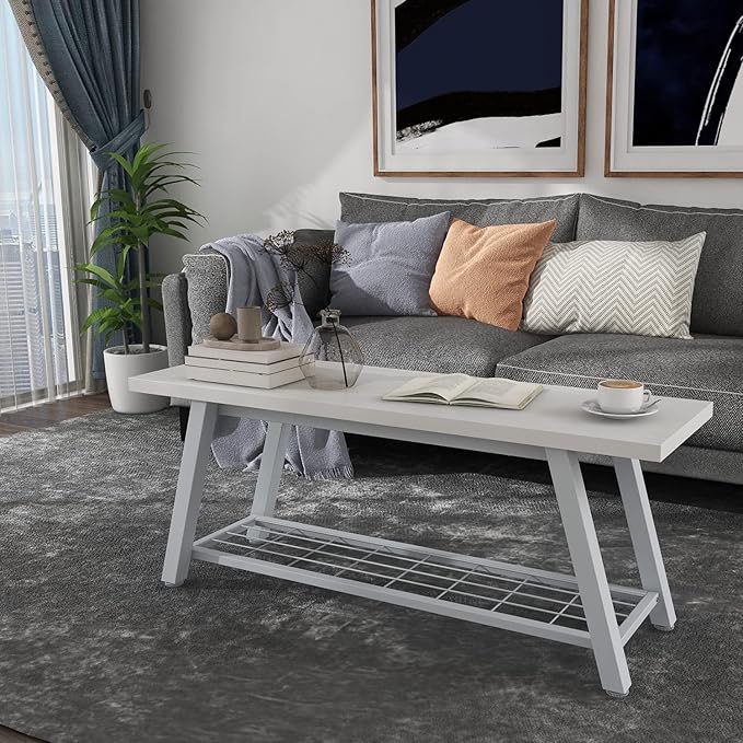 Industrial Entryway Bench Rustic Wood and Metal Storage Bench for Indoor Living Dining Room Bedroom Long Shoe Benches Seat (White)