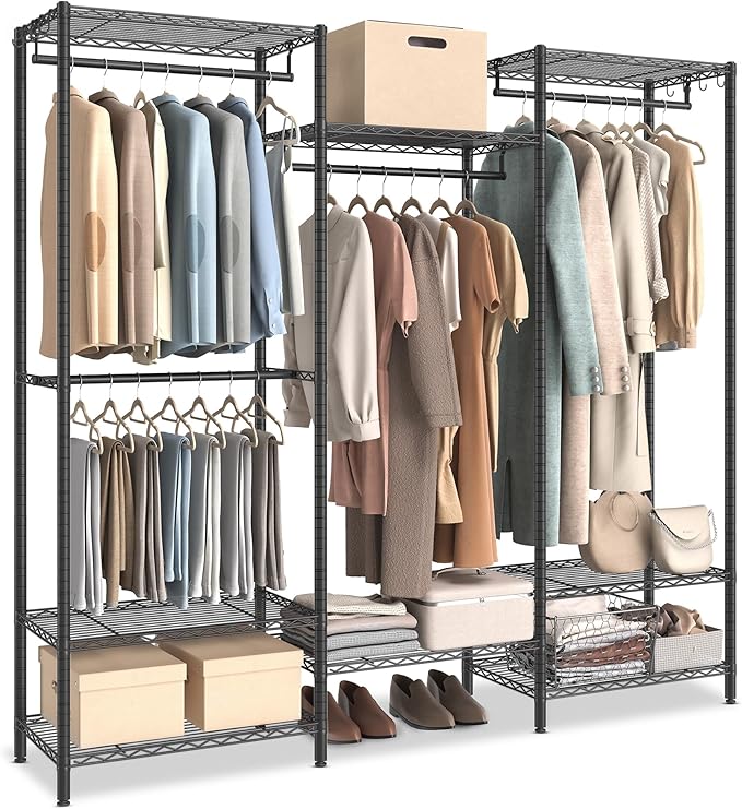 SONGMICS Portable Wardrobe Closet Heavy Duty Clothes Rack, Freestanding Closet Organizer,15.8 x 68.9 x 70.9 inches,Metal Garment Rack with Adjustable Wire Shelves, Dividable, Ink Black ULGR431B01