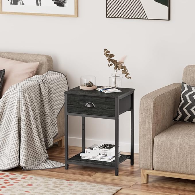 Furologee Nightstand with Fabric Drawer & Storage Shelf, Small Bedside Table Organizer for Small Space, 2 Tiers Industrial End Table, Side Table for Living Room, Bedroom, Black Oak