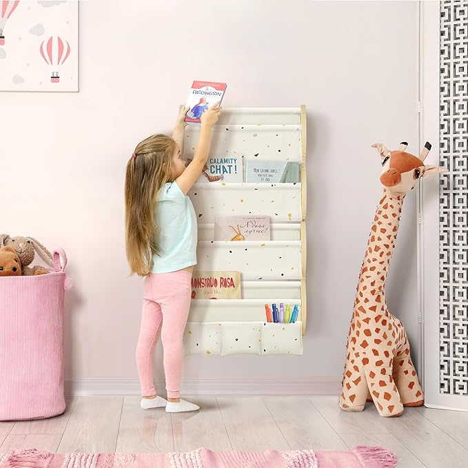 Wooden Wall Mounted Bookshelf for Kids Rooms, 4 Tier Floating Nursery Book Shelf, Kids Bookshelf with 2 Pockets, Toddler Sling Book Rack with Deep Sleeves (Terrazzo)