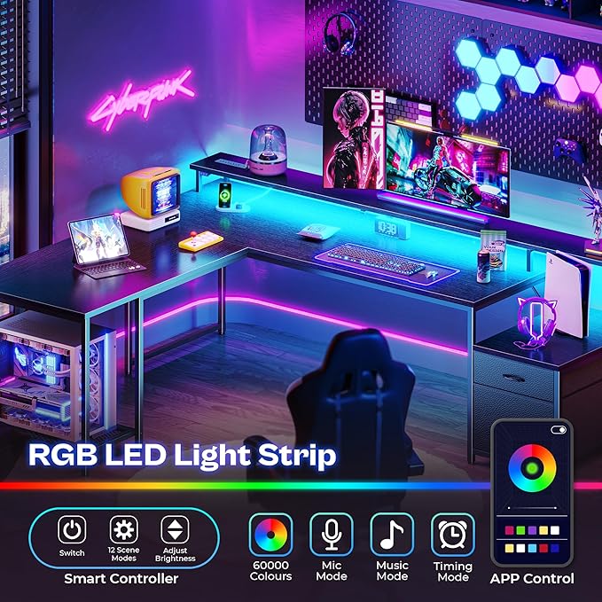 PRAISUN 66 Inch L Shaped Computer Desk with Power Outlets and LED Lights, Home Office Desk with Fabric Drawers and Print Stand, L Shape or Long Set up, Monitor Stand, Mesh CPU Stand, Black