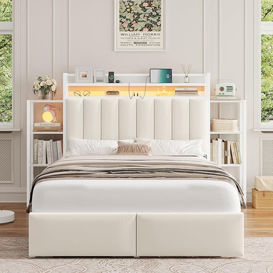 Keyluv Full LED Bed Frame with Storage Headboard & 2 Drawers, Upholstered Platform Bed with Charging Station & Bedside Storage Rack, Metal Slat Support, No Box Spring Needed, Velvet Fabric, White