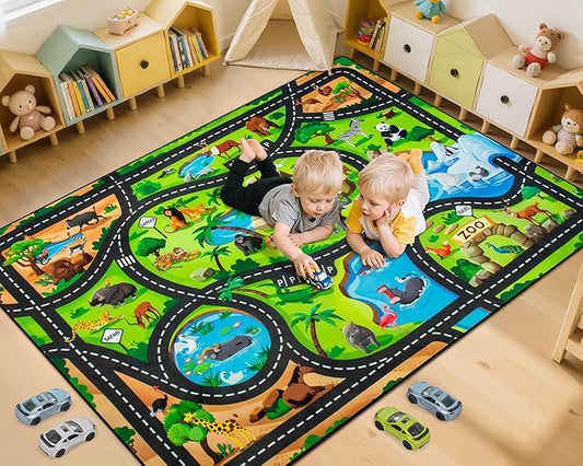 Kids Rug, 5' x 7' FT Animal Car Rugs for Kids Toy Cars, Extra Thick (0.4in) - Non-Slip Zoo Road Mat Carpet for Playroom & Bedroom, Educational Learning & Game Area