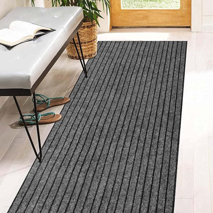 2' x 24' Runner Rugs with Rubber Backing, Indoor Outdoor Utility Carpet Runner Rugs, Stripe Gray, Can Be Used as Aisle for The RV and Boat, Laundry Room and Balcony