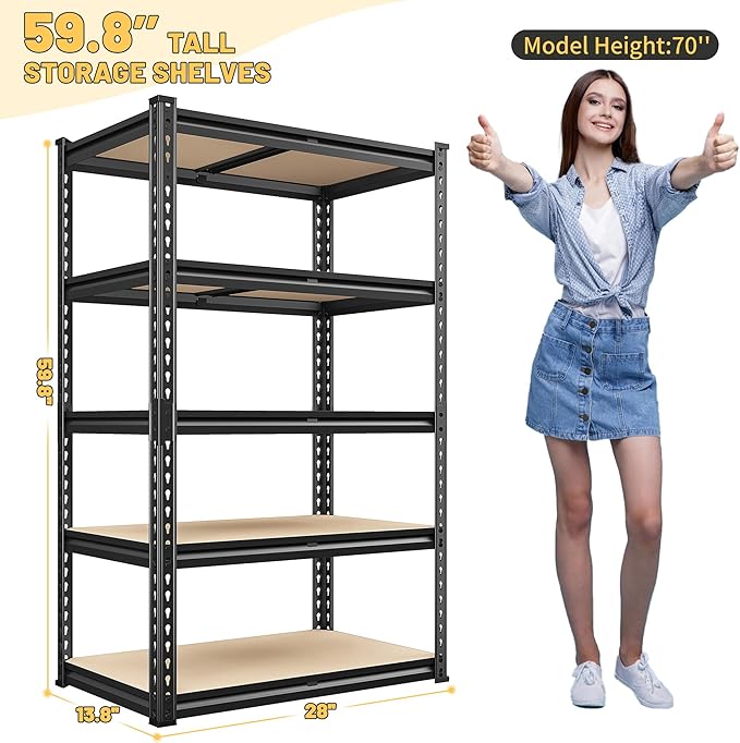 REIBII 2000LBS Storage Shelves 5 Tier Garage Shelving Heavy Duty Metal Shelving Adjustable Metal Shelf for Kitchen Pantry Basement 28" W x 13.8" D x 59.8" H