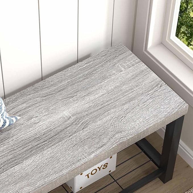 FOLUBAN Entryway Bench, Rustic Wood and Metal Shoe Storage Bench for Hallway Front Door Entrance, Industrial Indoor Bench for Bedroom Living Room, 43.3 Inch Light Grey