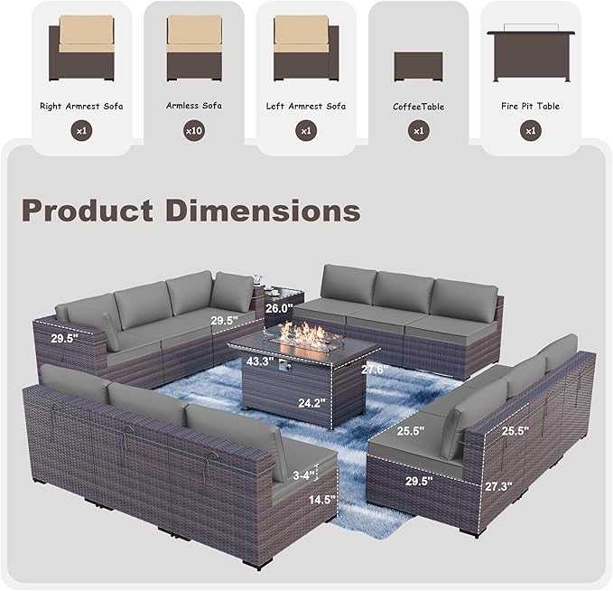 Kurapika 14 Pieces Patio Furniture Set, Rattan Wicker Outdoor Conversation Sets w/43in Propane Fire Pit Table and 4 Inch Cushion(Grey)