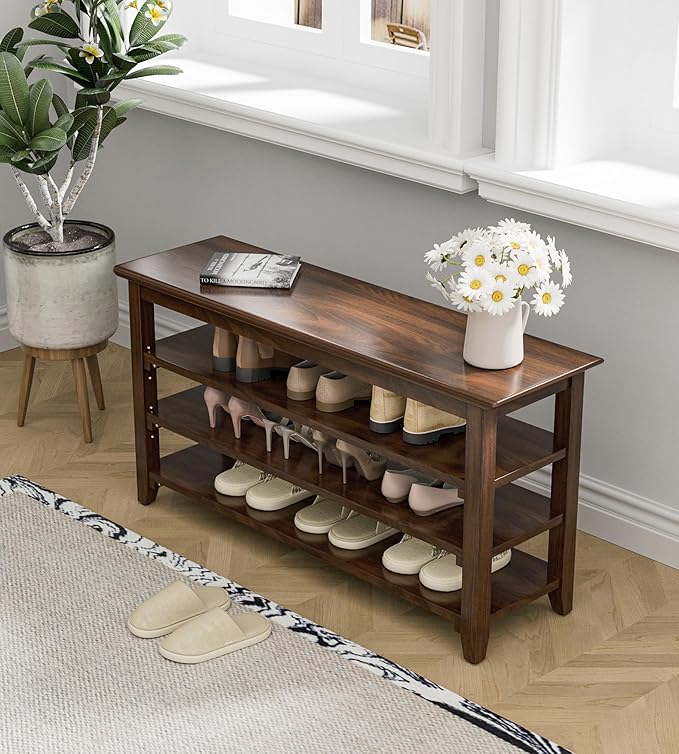 Wooden Storage Shoe Bench, Entryway Bench with 3-Tiers Height Adjustable, Shoe Rack Front Doors Entrances for Hallway Living Room,Mudrooms (Brown,39.4")
