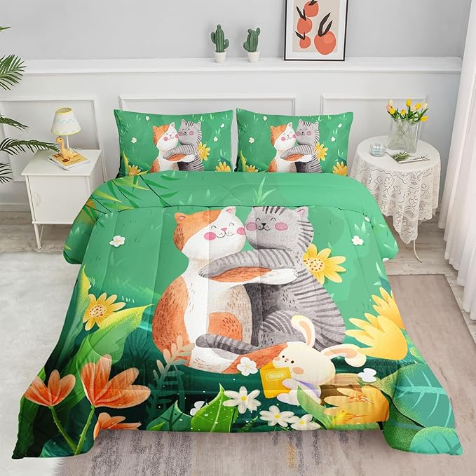 Cute Cat Kids Comforter Bedding Set for Boys Girls, Watercolor Cat Forest Rabbit and Flower Print Comforter with 2 Pillowcases(Cute Cat Full)