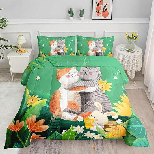 Cute Cat Kids Comforter Bedding Set for Boys Girls, Watercolor Cat Forest Rabbit and Flower Print Comforter with 2 Pillowcases(Cute Cat Full)